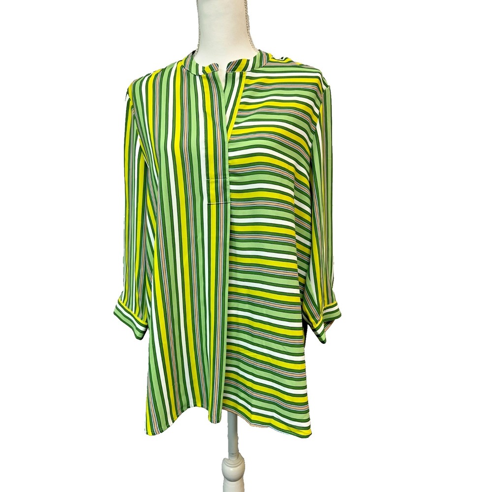 Lior Paris Emily Tunic Top Multi Direction Green Stripe Split Neck 3/4 Sleeve, M